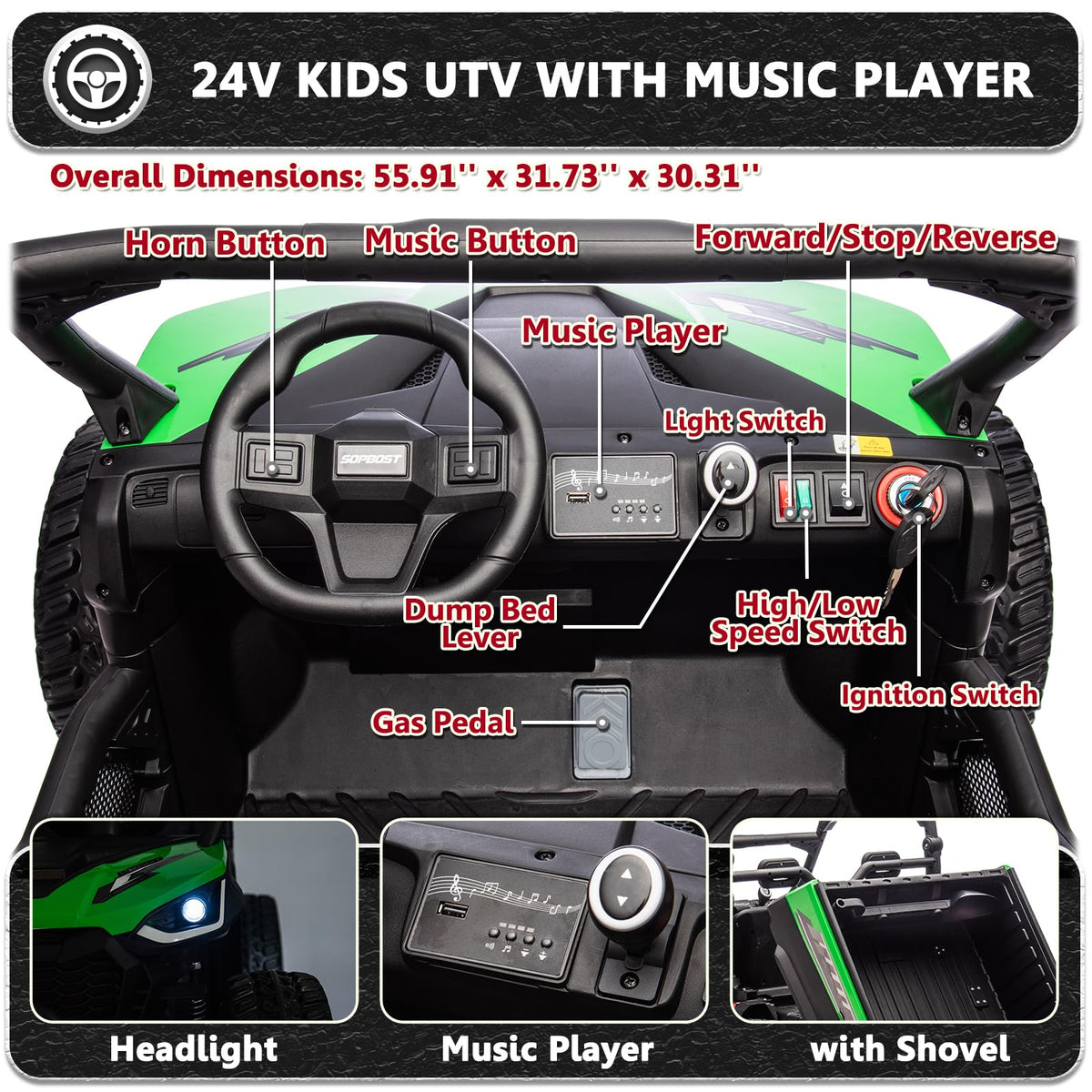 2 Seater 24V 10Ah Ride On Dump Truck with EVA Tires, Green N33377