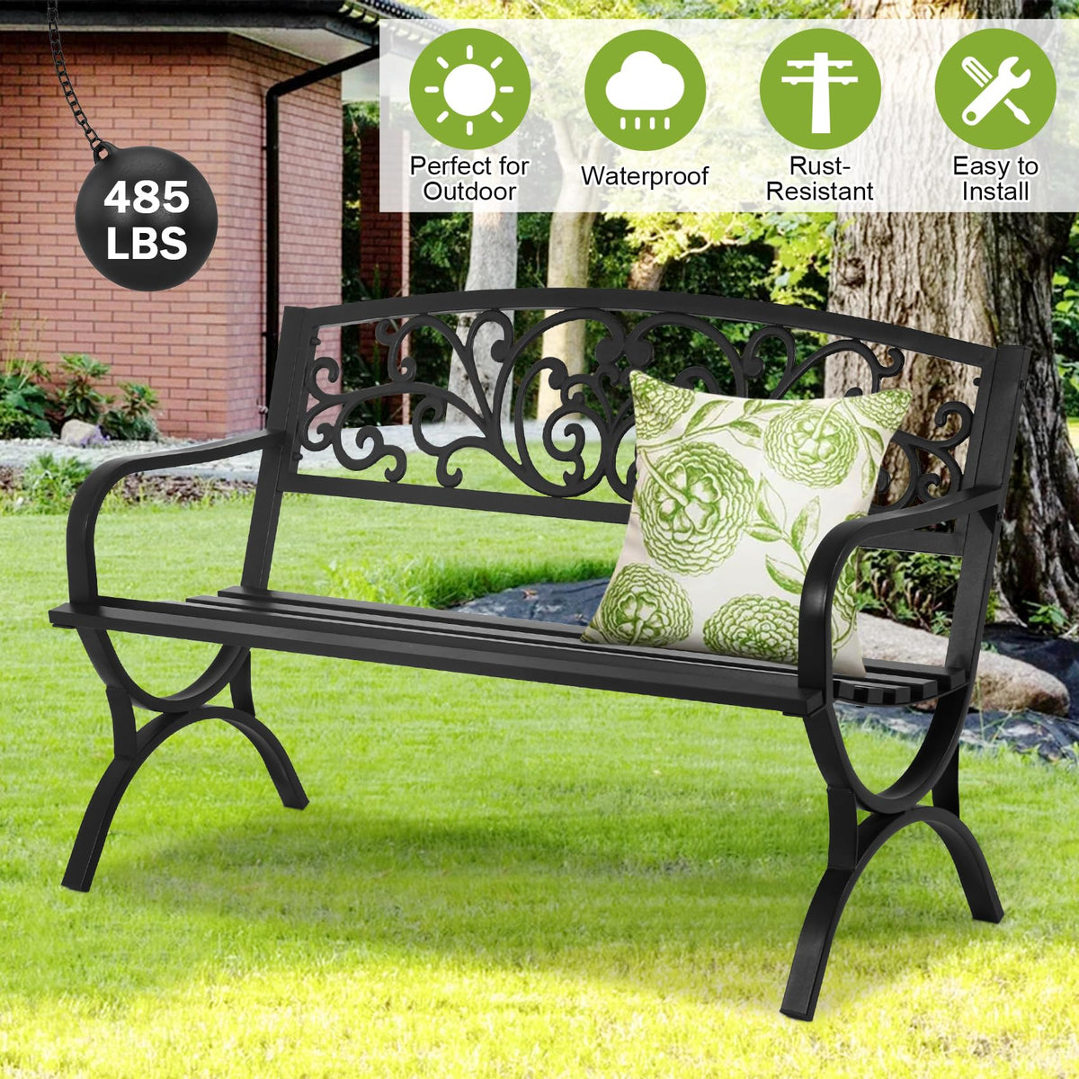 50 Inches Black Metal Outdoor Garden Bench with Floral Pattern Backrest P487464