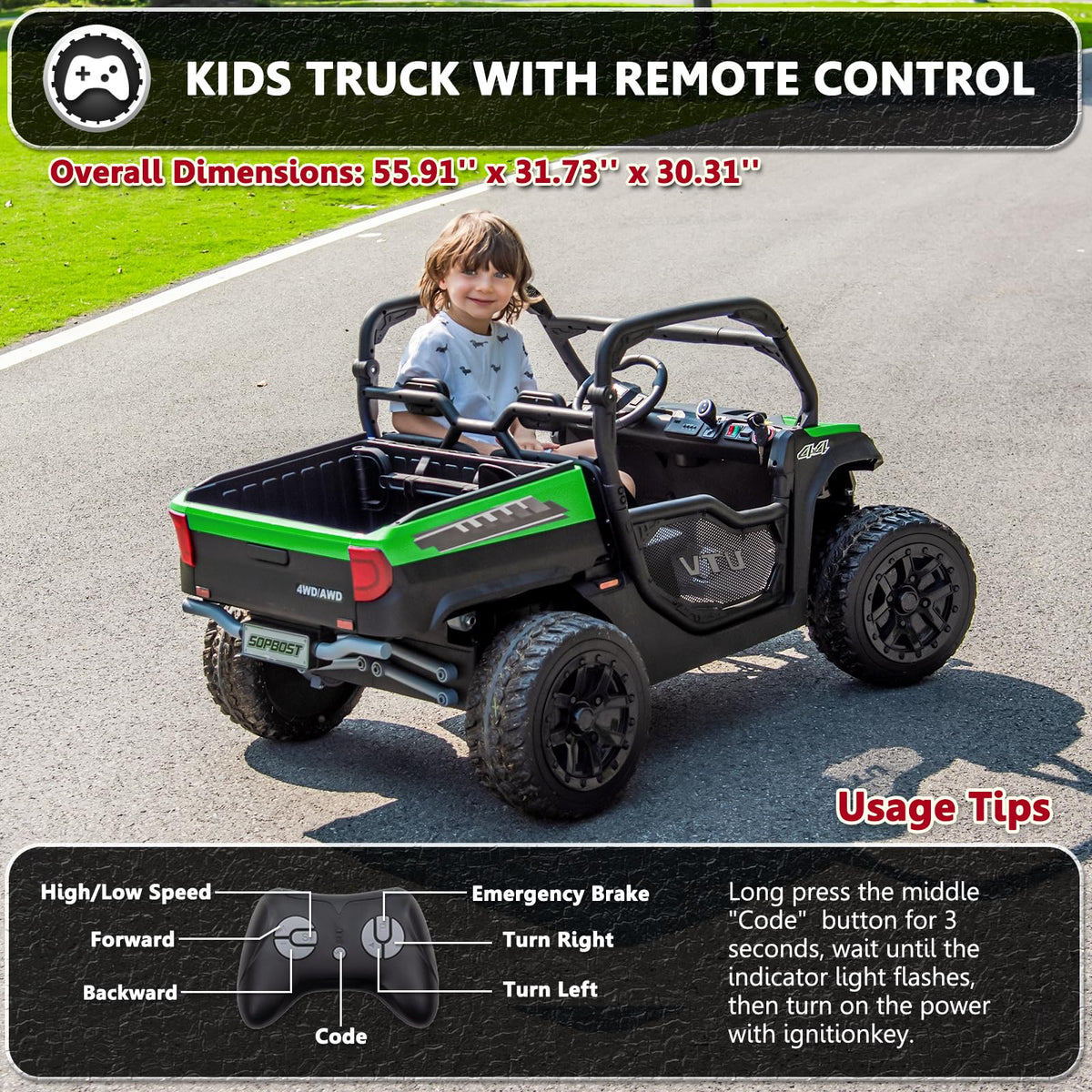 2 Seater 24V 10Ah Ride On Dump Truck with EVA Tires, Green N33377