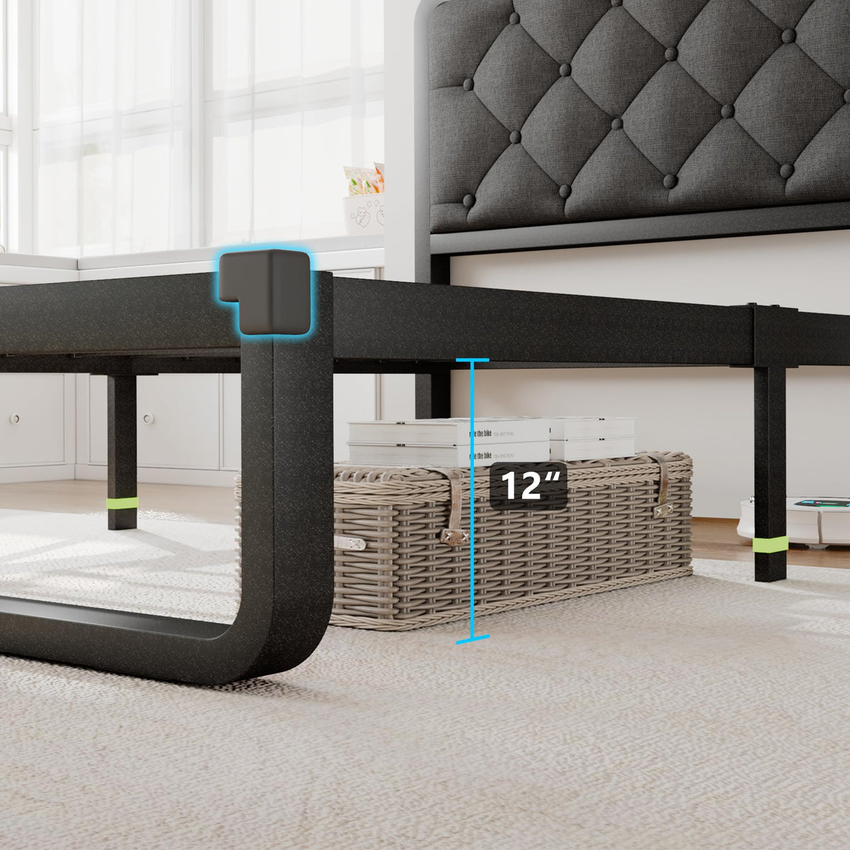 Twin Metal Platform Bed Frame with Linen Upholstered Headboard I9578