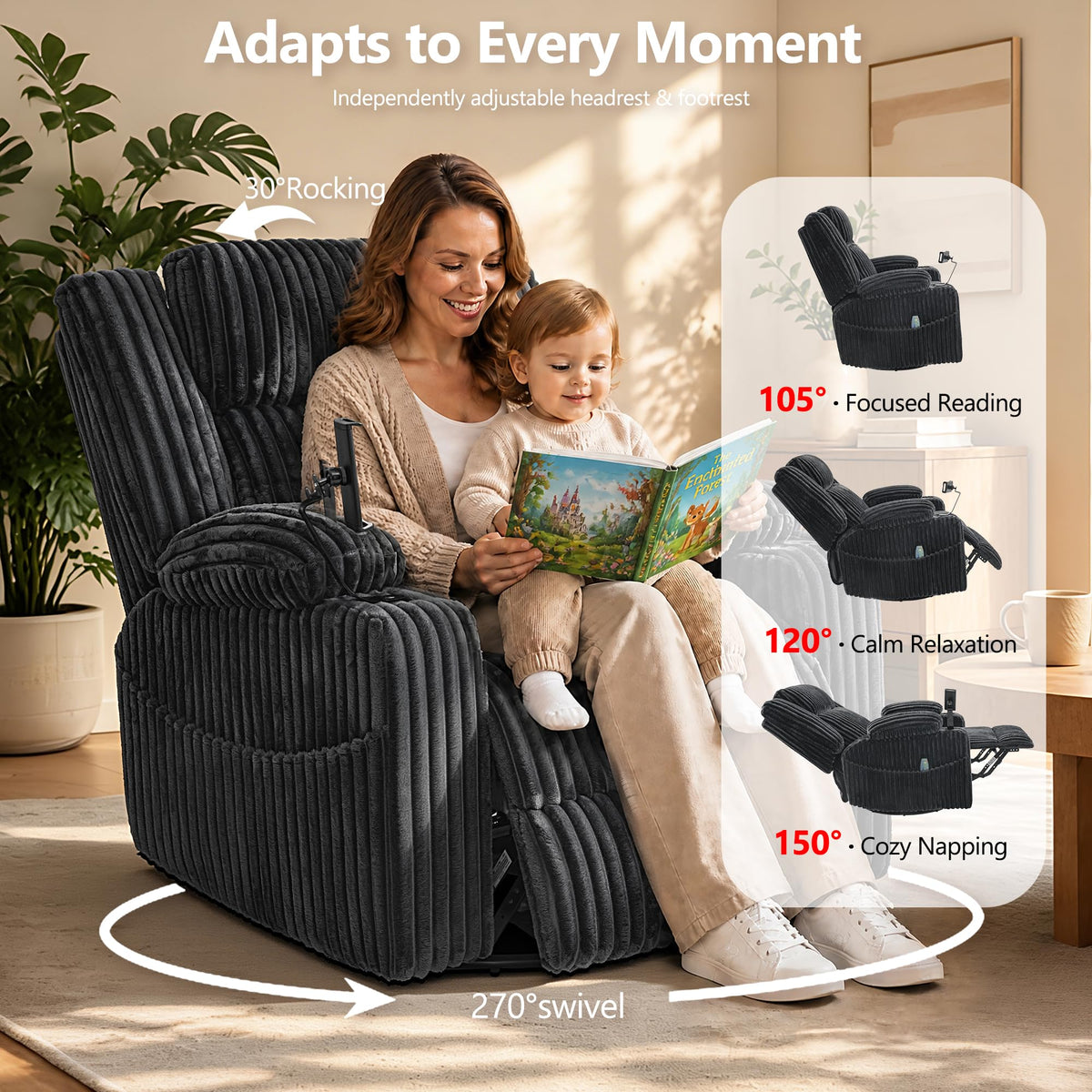 Oversized Power Swivel Rocker Recliner Chair with Vibration Massage & Heat, Dark Gray Corduroy V153248