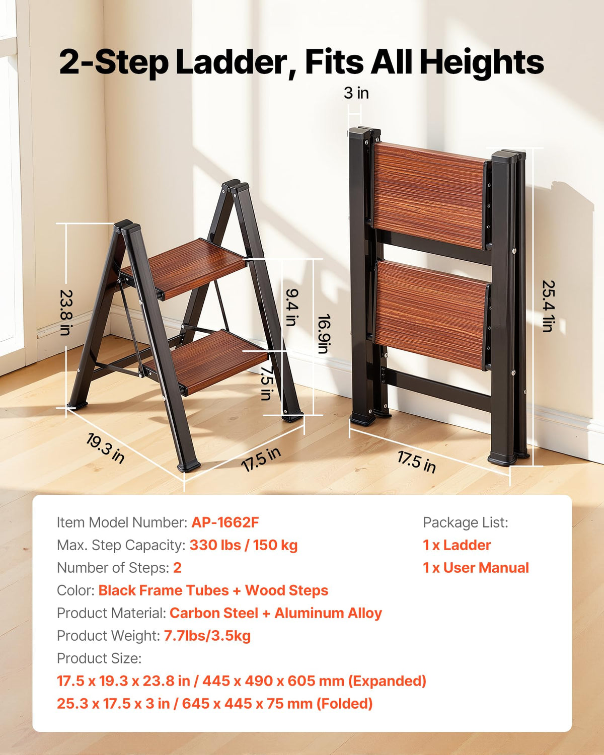2 Step Folding Aluminum Ladder 330 lbs Capacity Z894