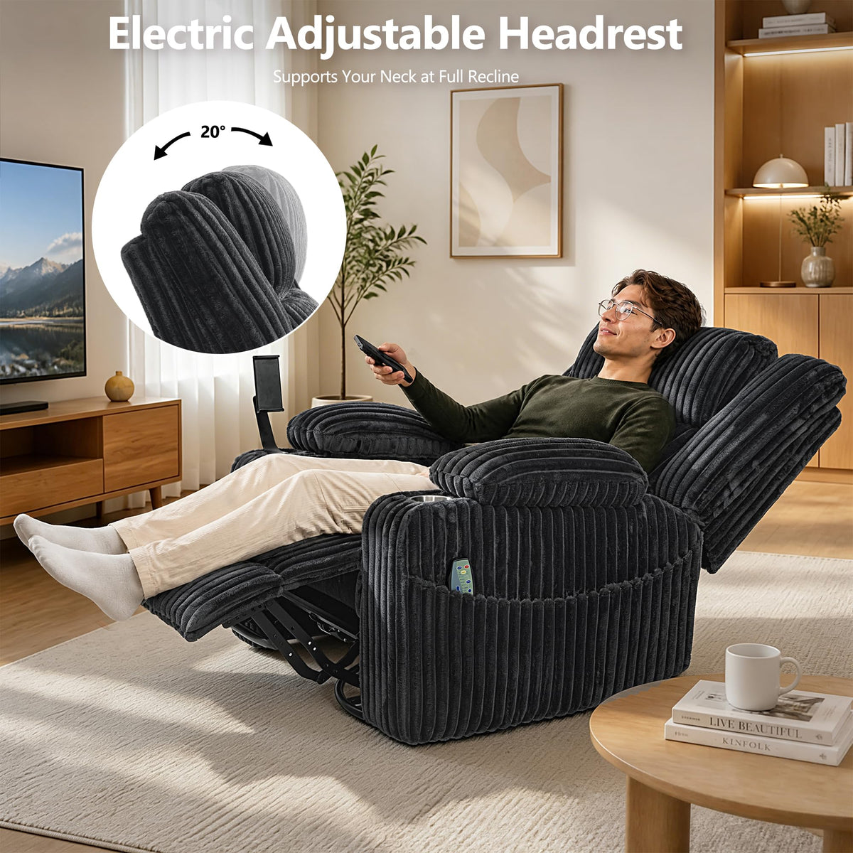 Oversized Power Swivel Rocker Recliner Chair with Vibration Massage & Heat, Dark Gray Corduroy V153248