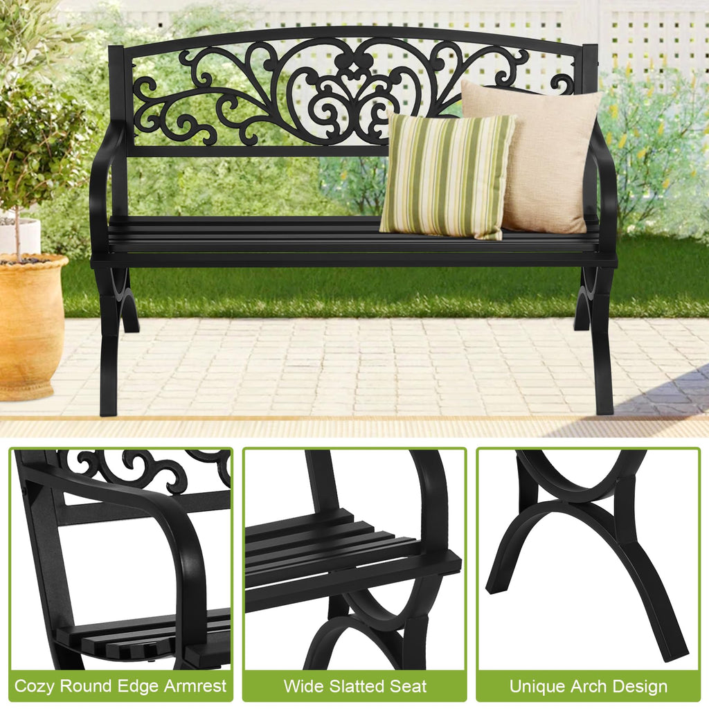 50 Inches Black Metal Outdoor Garden Bench with Floral Pattern Backrest P487464
