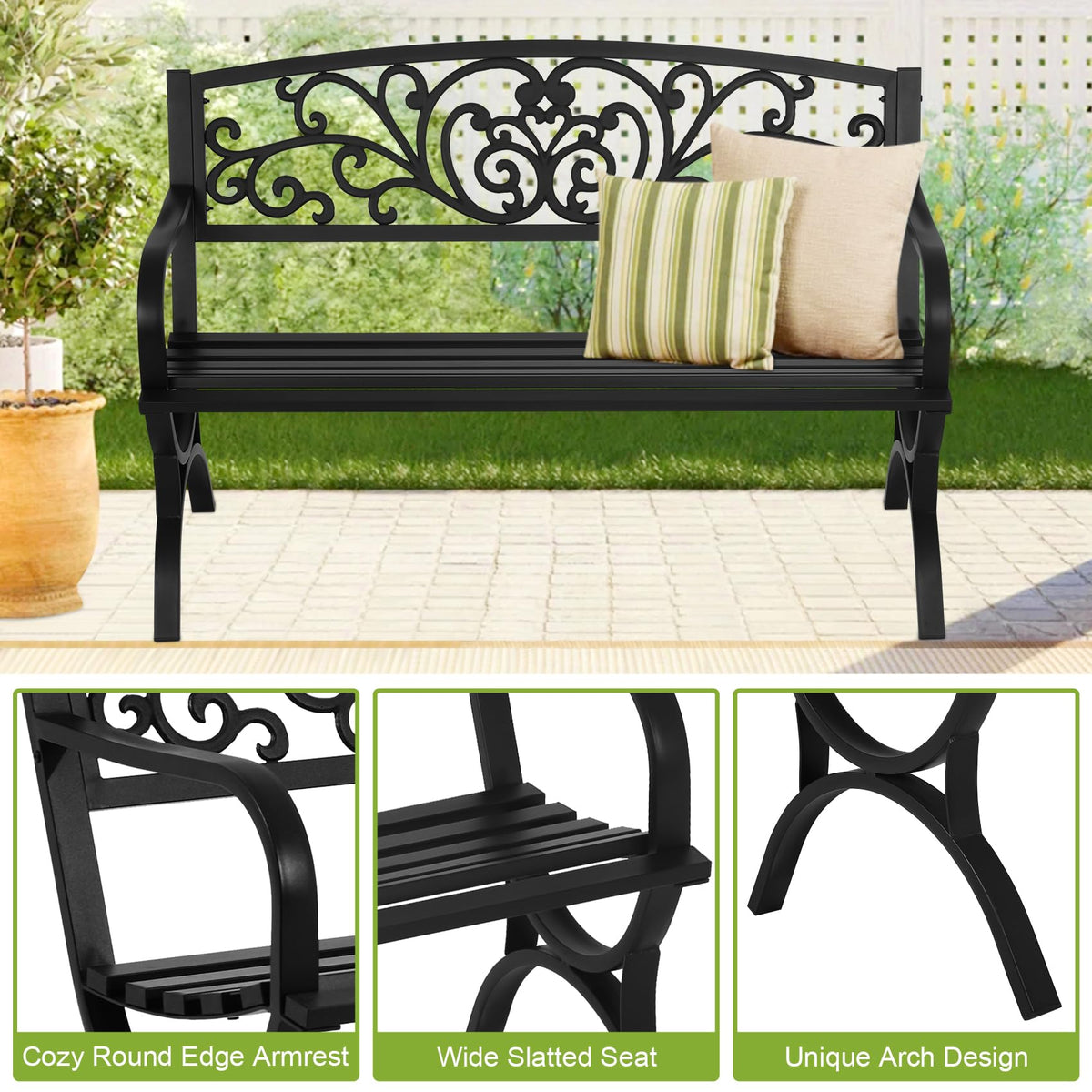 50 Inches Black Metal Outdoor Garden Bench with Floral Pattern Backrest P487464