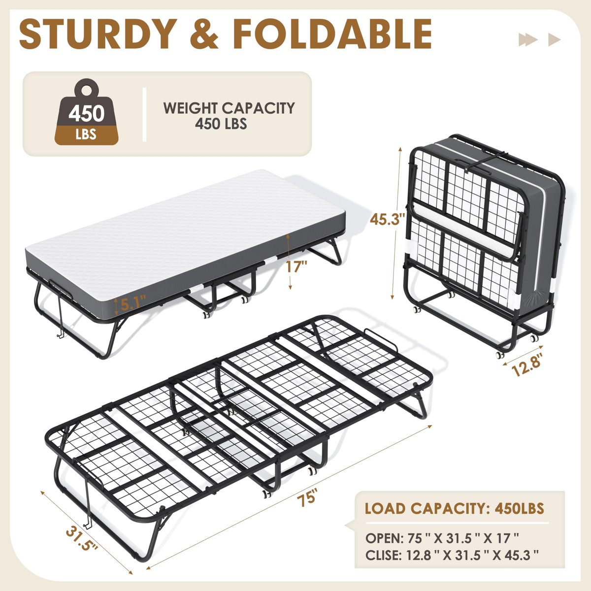 Folding Bed with Mattress, Portable Roll Away Bed, 75" x 31" Z427