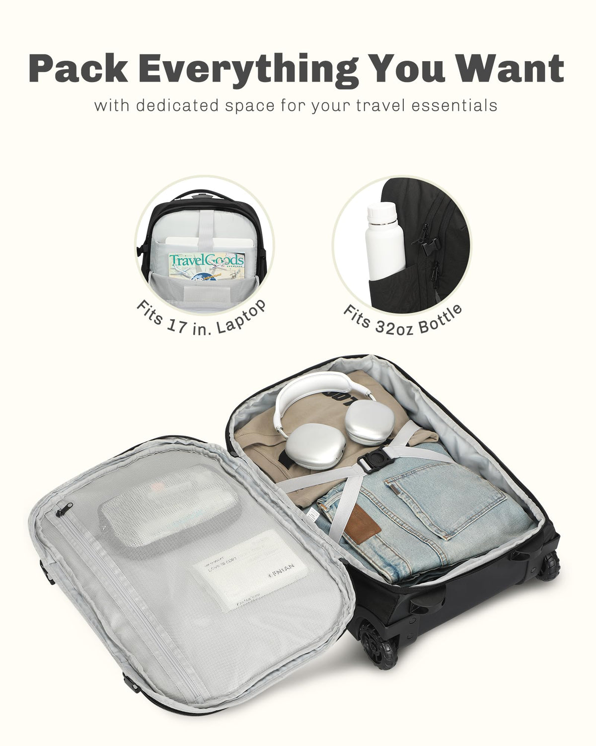 Rolling Backpack with Wheels 43L with Waist Pack Beige L949