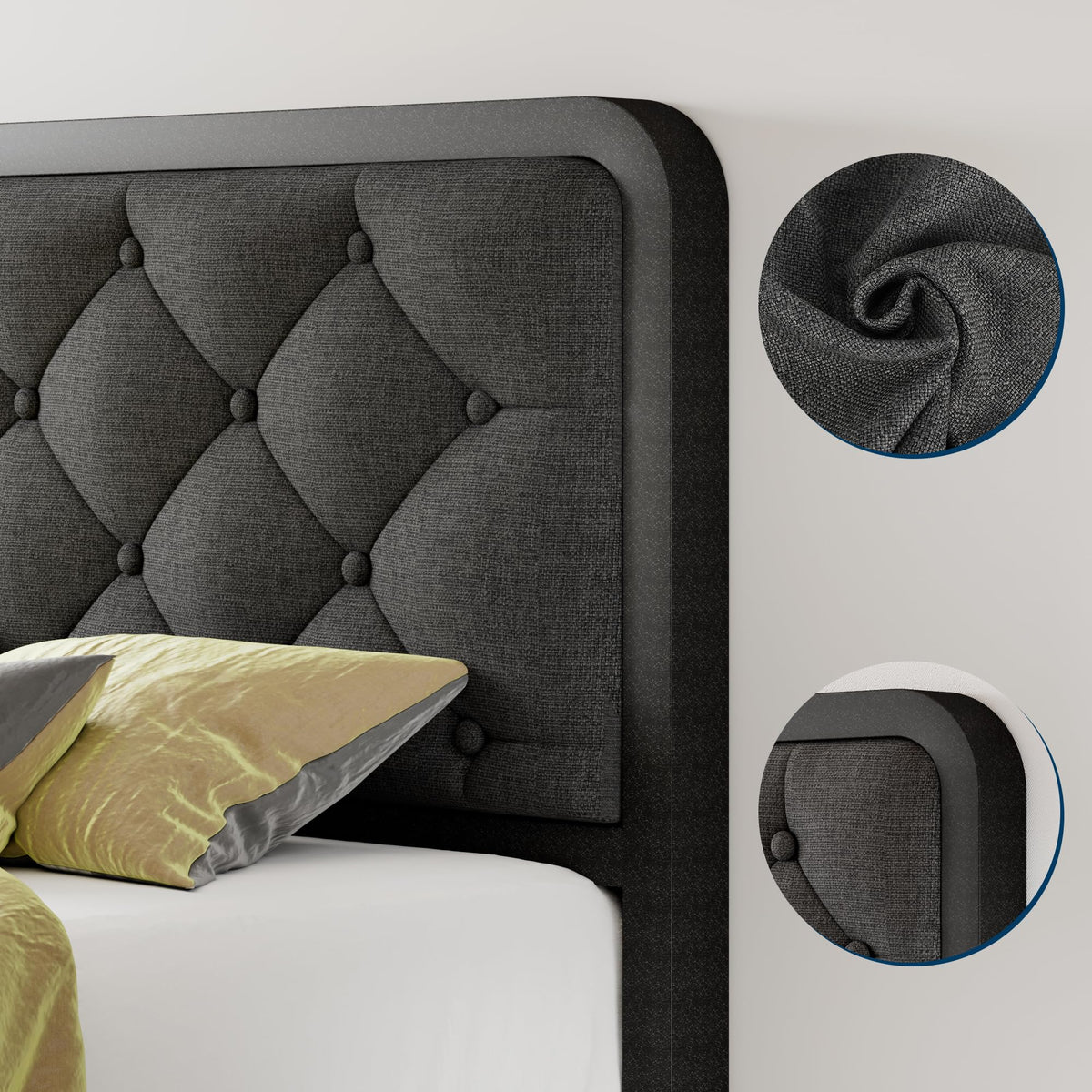 Twin Metal Platform Bed Frame with Linen Upholstered Headboard I9578