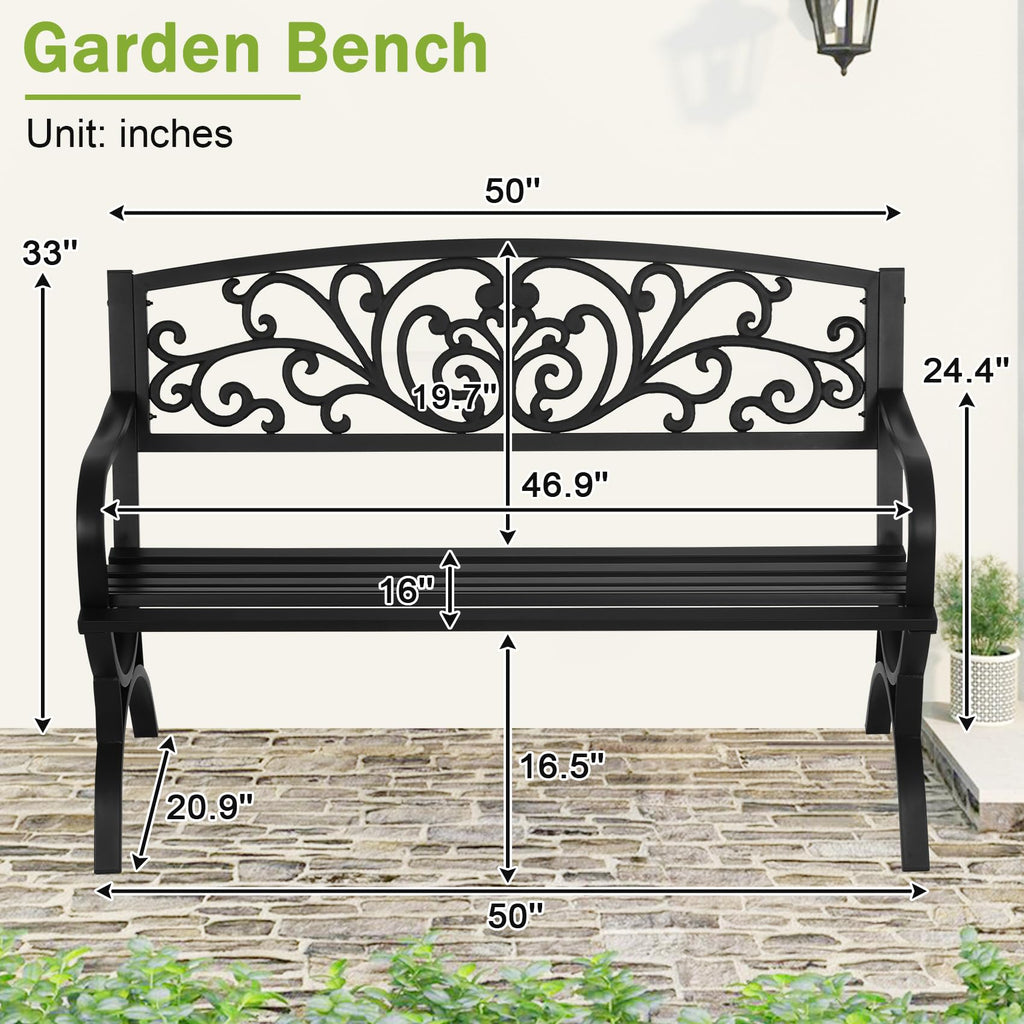 50 Inches Black Metal Outdoor Garden Bench with Floral Pattern Backrest P487464