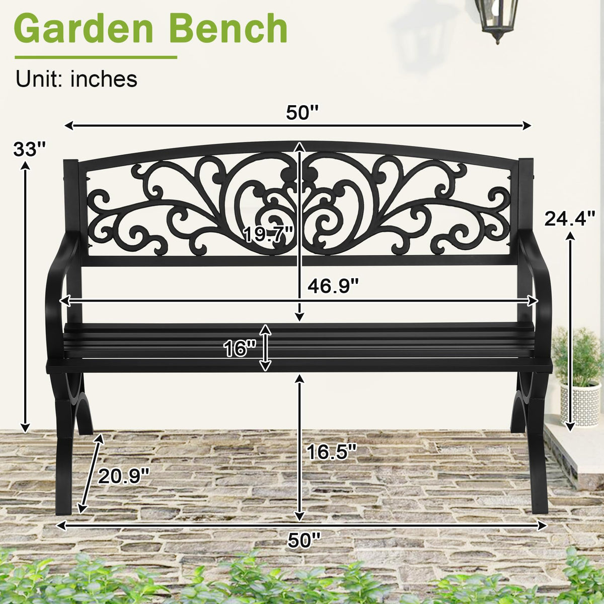 50 Inches Black Metal Outdoor Garden Bench with Floral Pattern Backrest P487464