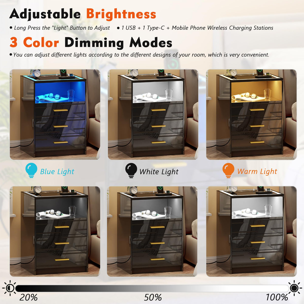 Black Glass Top 3 Drawer Nightstand with Wireless Charging W744434
