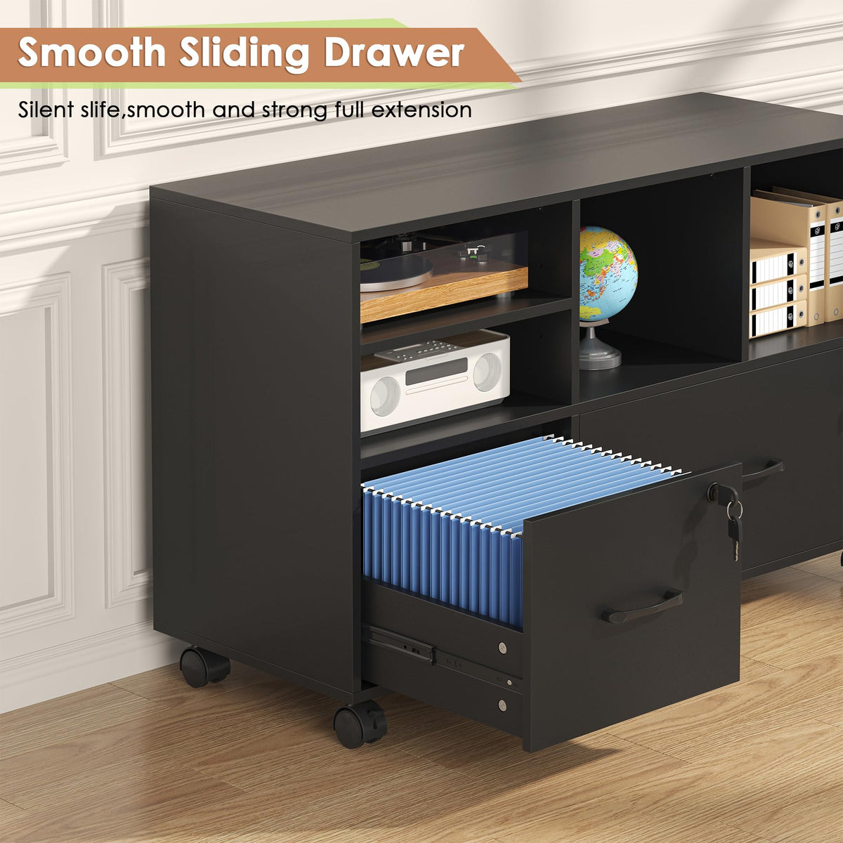 Black 2 Drawer Wood Lateral File Cabinet with Lock W9969