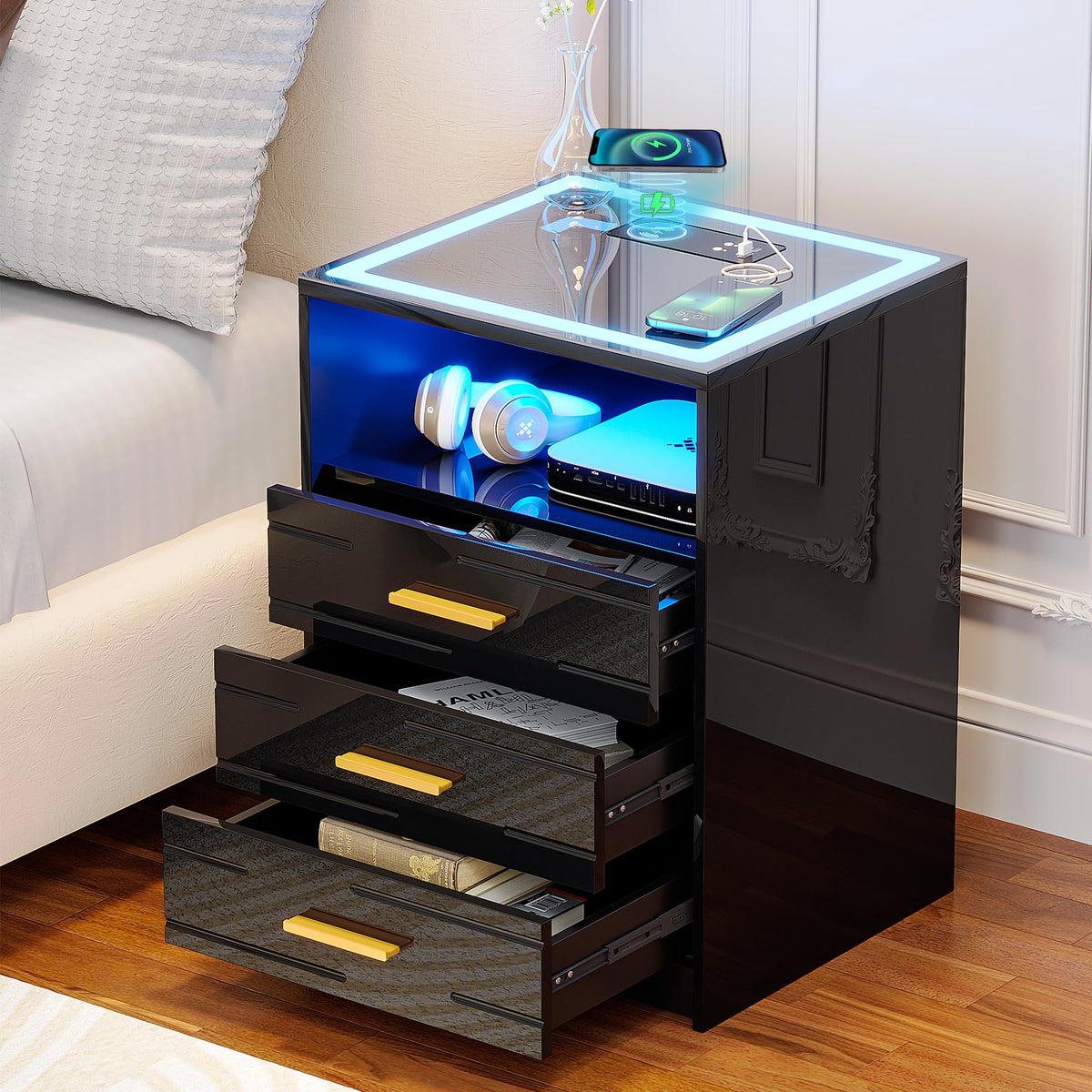 Black Glass Top 3 Drawer Nightstand with Wireless Charging W744434