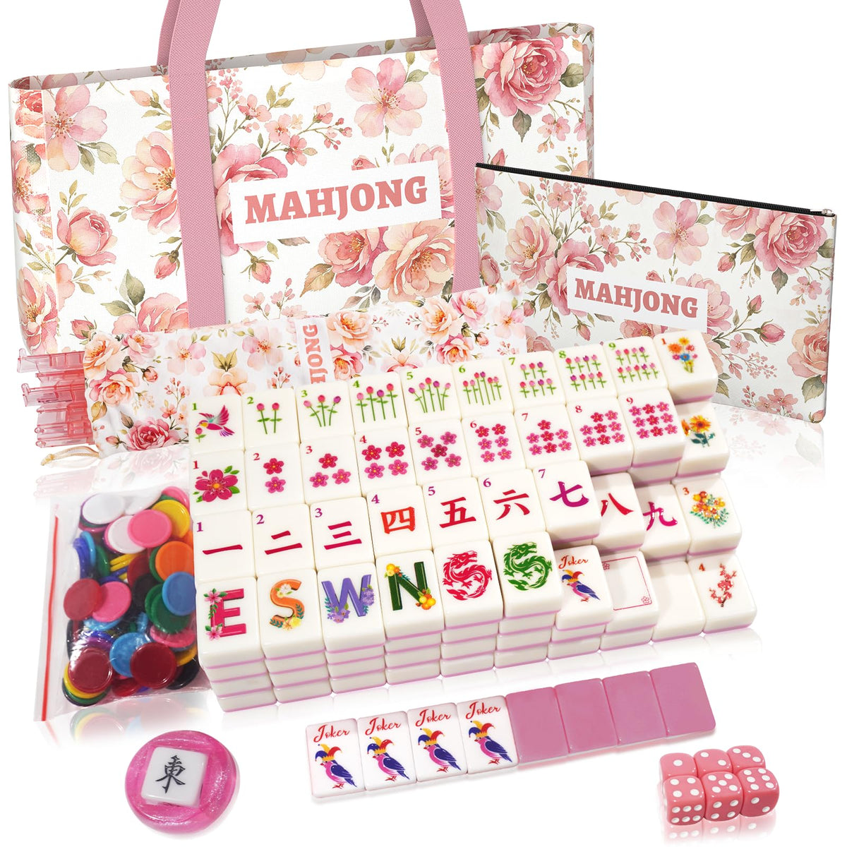 1.2” American Mahjong Set 168 Pink Floral Melamine Tiles M8112