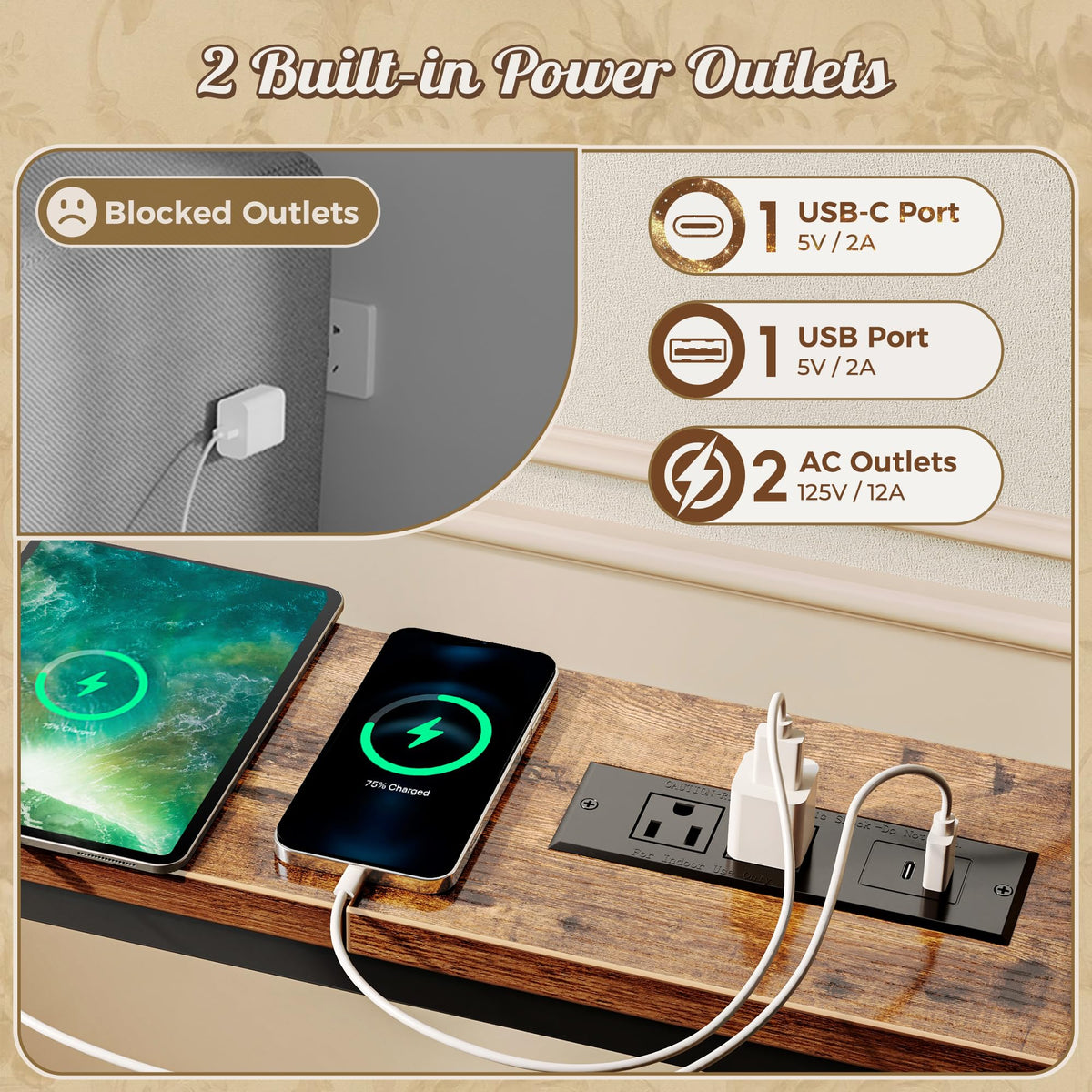 Narrow Sofa Table with 2 Power Outlets and USB-C Port Z441678