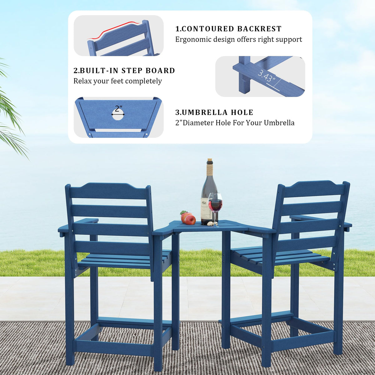 HDPE All-Weather Plastic Adirondack Chair Set of 2 Navy Blue G45610