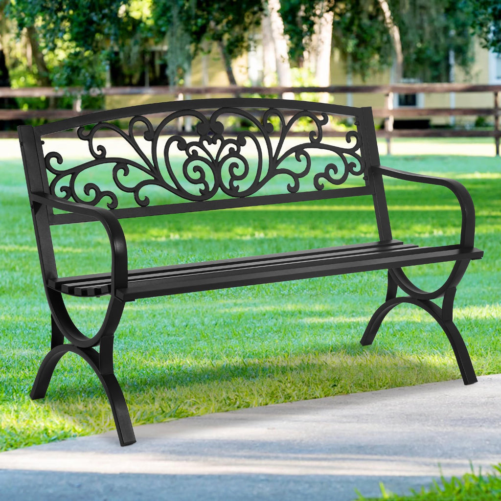 50 Inches Black Metal Outdoor Garden Bench with Floral Pattern Backrest P487464