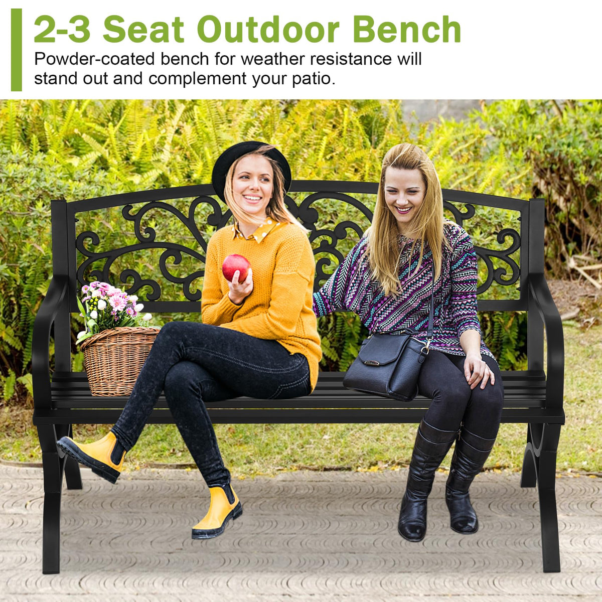 50 Inches Black Metal Outdoor Garden Bench with Floral Pattern Backrest P487464