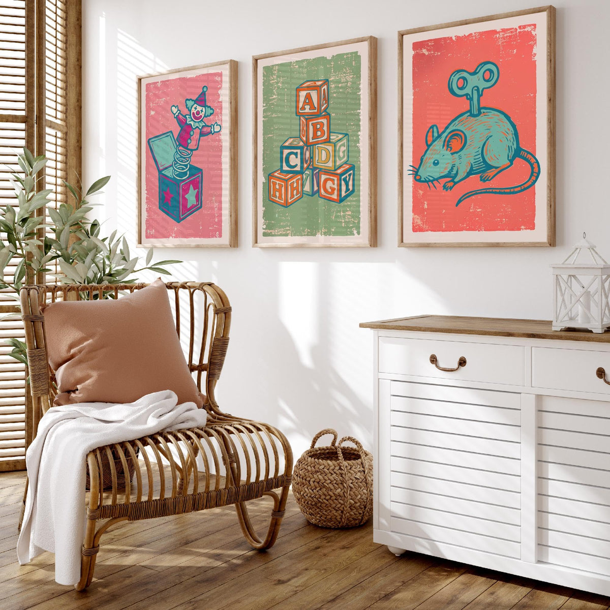 Art Prints Set of 3 Retro Linocut Style L1123