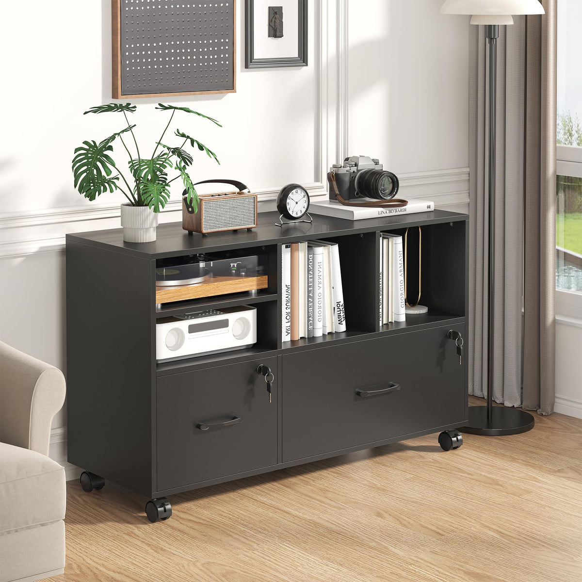 Black 2 Drawer Wood Lateral File Cabinet with Lock W9969
