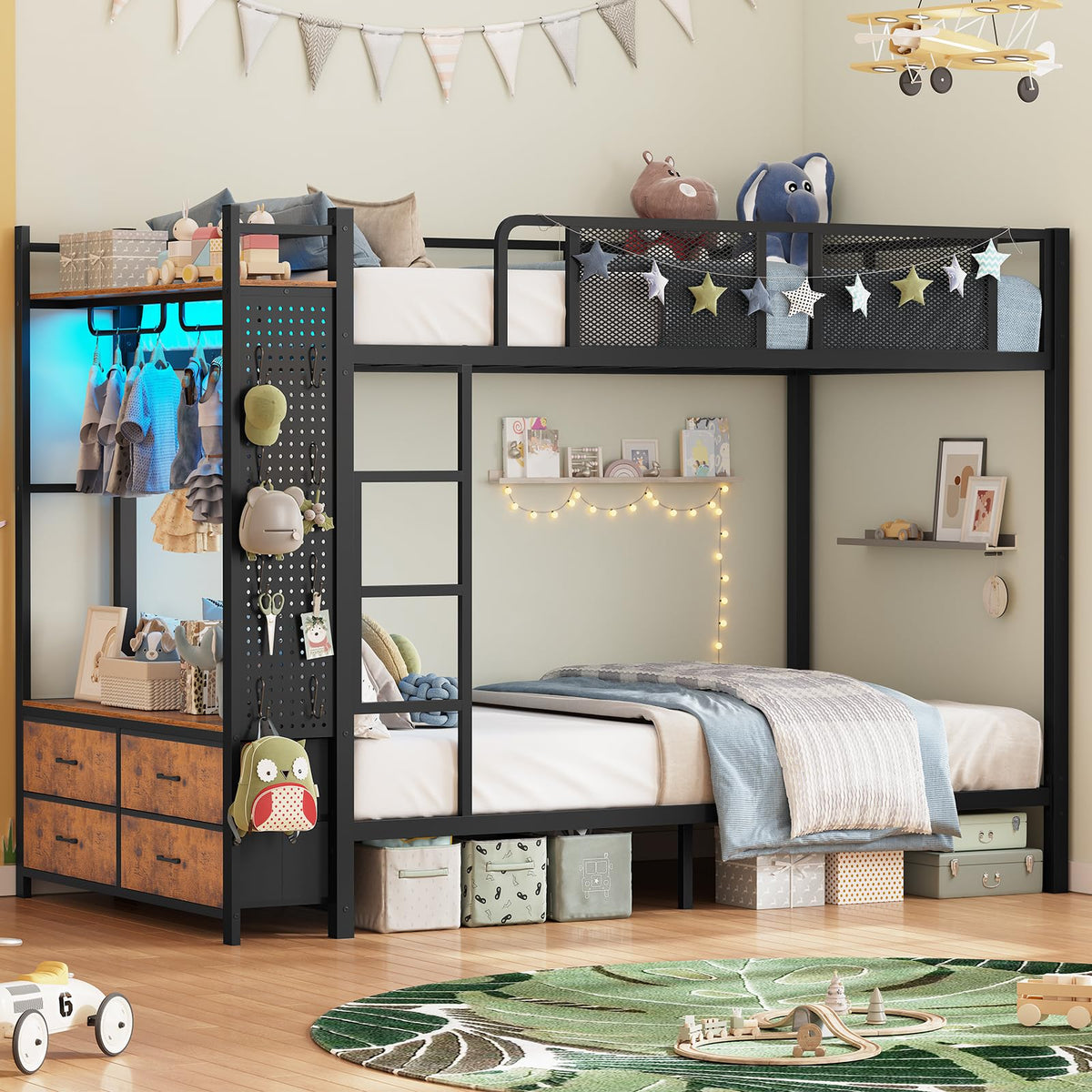 Twin Over Twin Metal Bunk Bed with Hall Tree and 4 Storage Drawers L7852