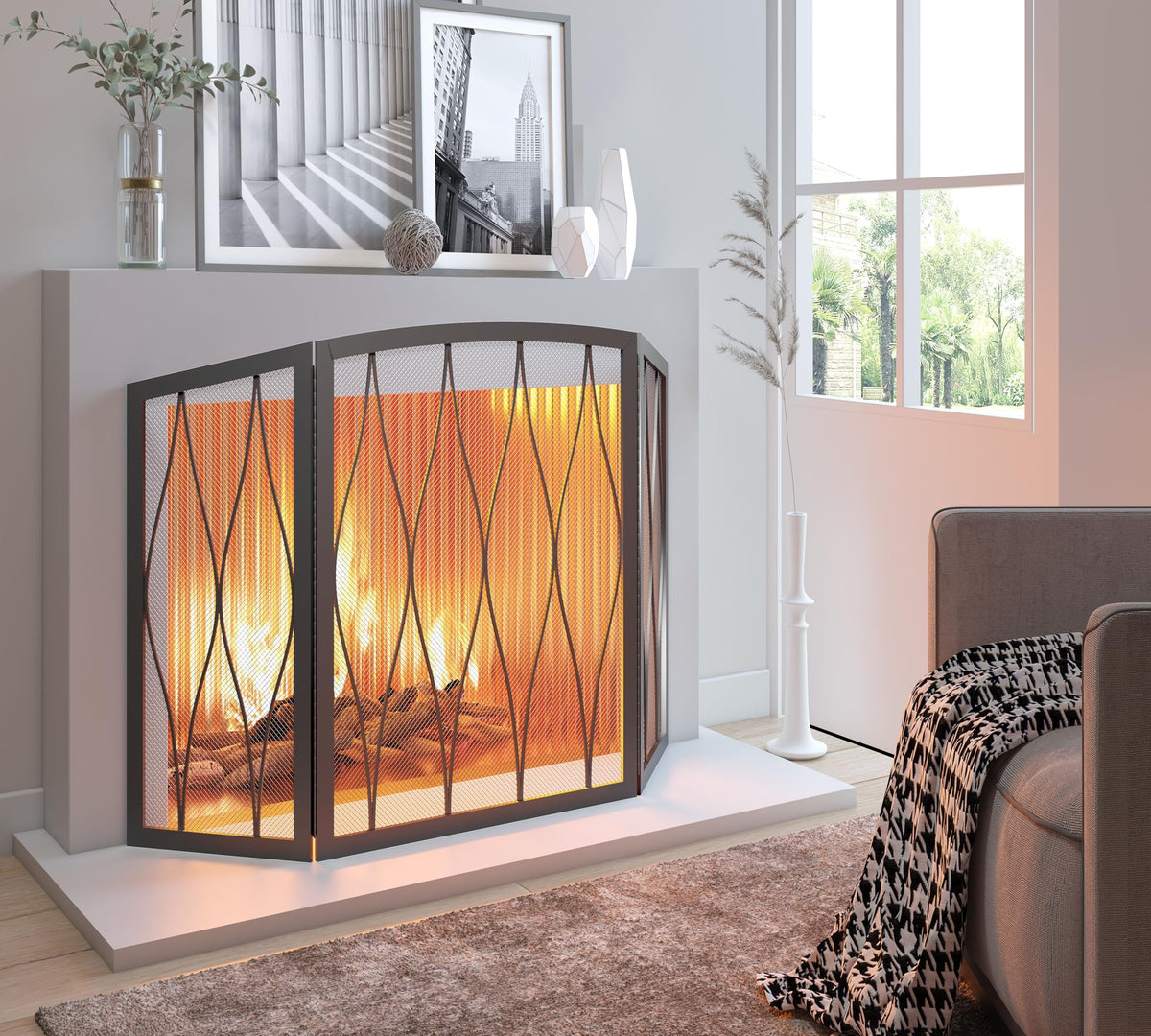 Childproof 3-Panel Wrought Iron Fireplace Screen H615