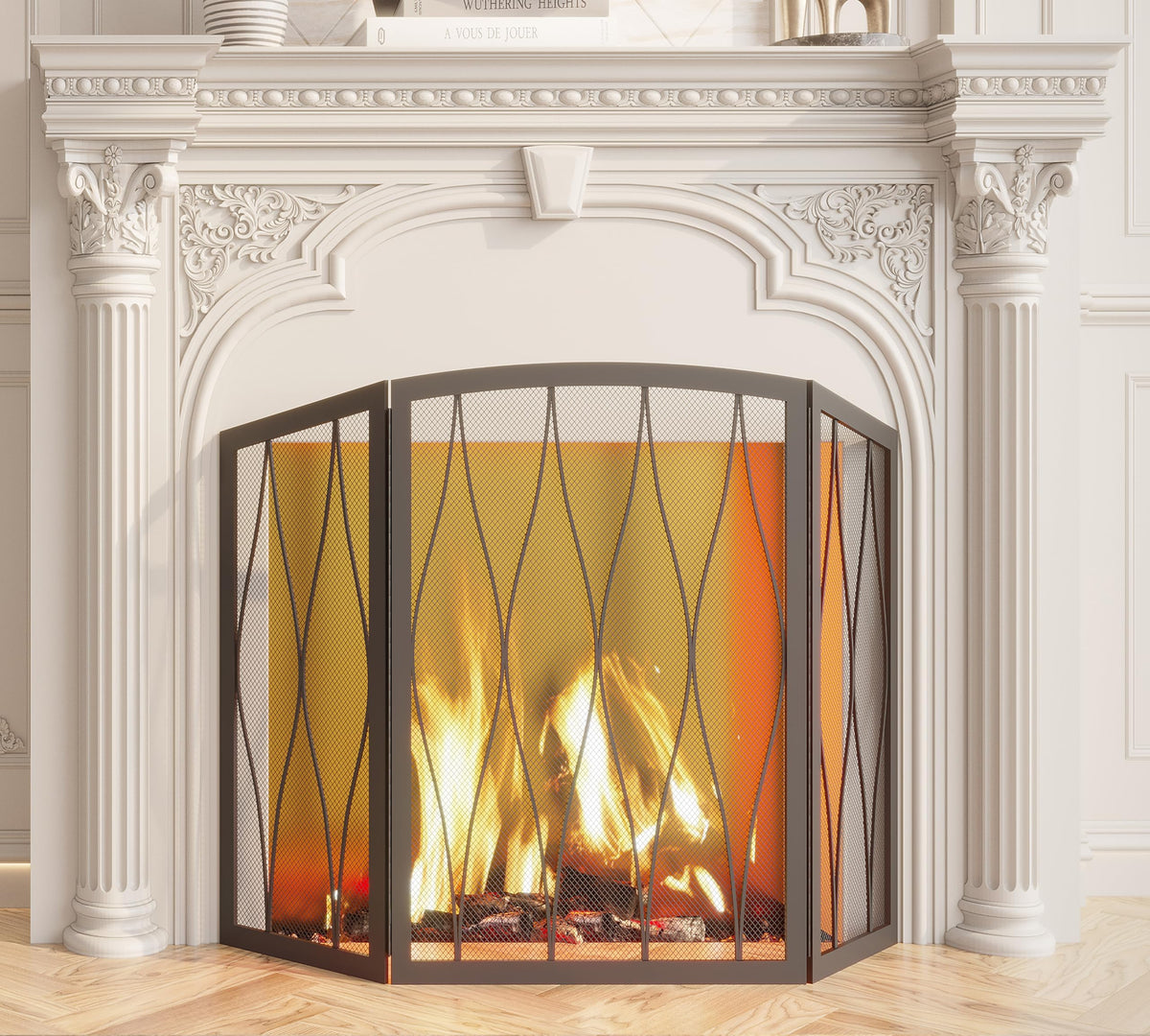 Childproof 3-Panel Wrought Iron Fireplace Screen H615