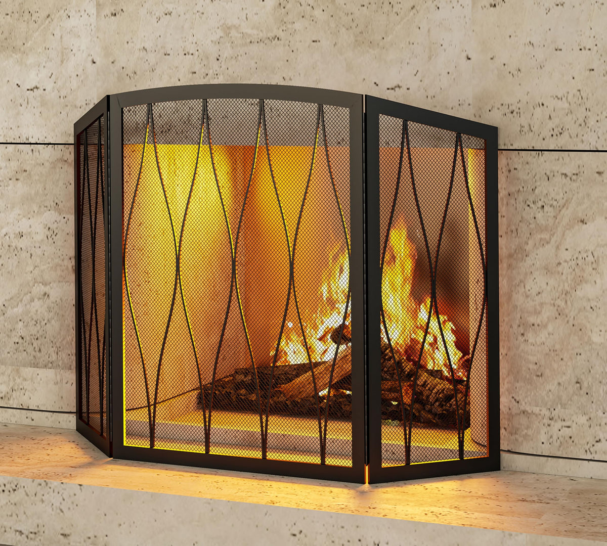 Childproof 3-Panel Wrought Iron Fireplace Screen H615