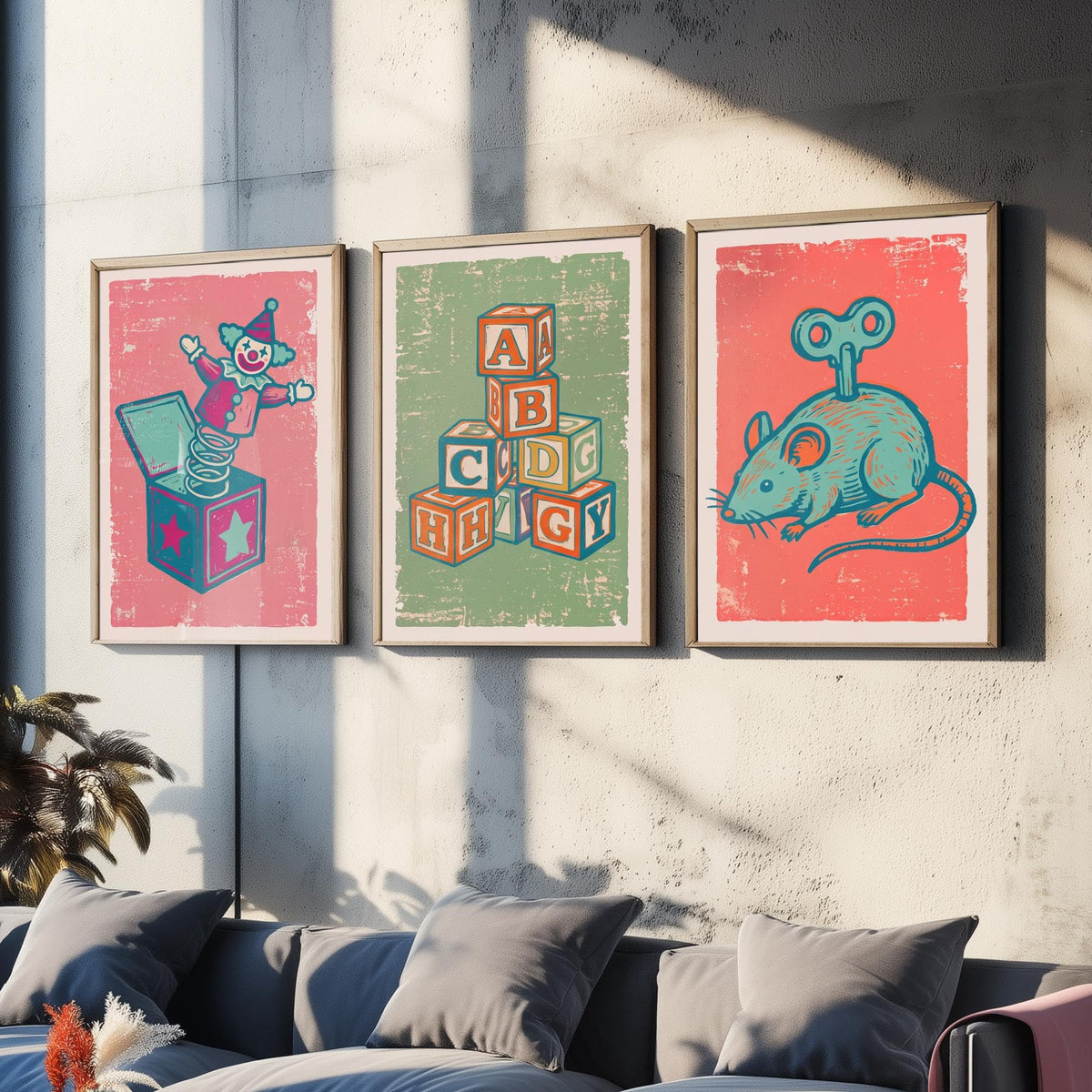 Art Prints Set of 3 Retro Linocut Style L1123