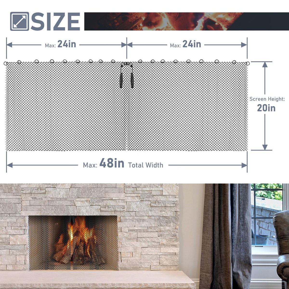 Black Fireplace Mesh Screen Curtain, Two 20" x 24" Panels O379508