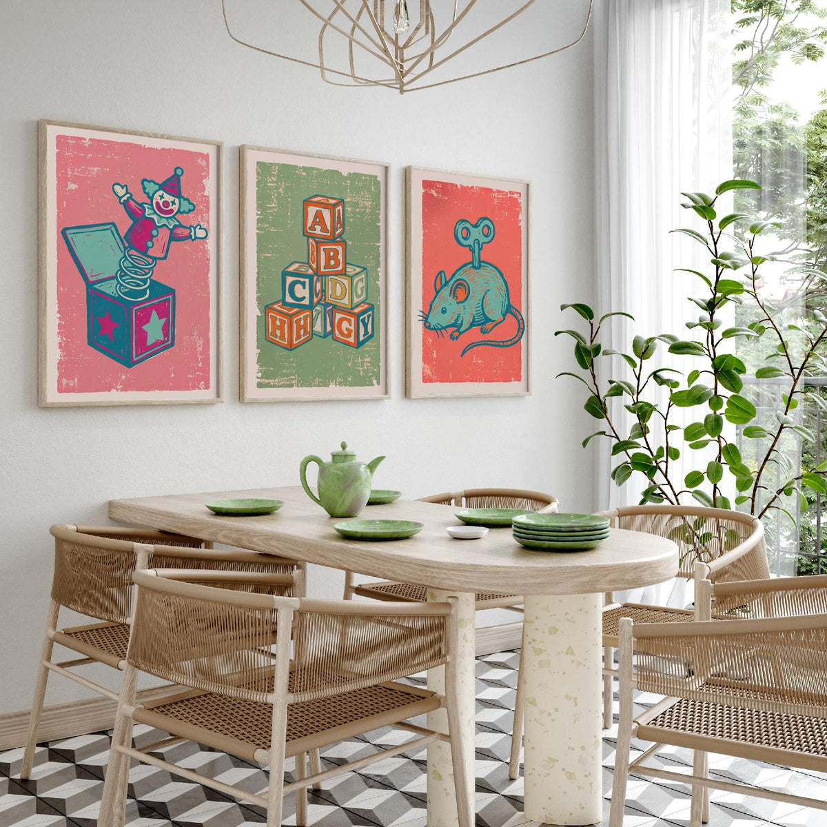 Art Prints Set of 3 Retro Linocut Style L1123