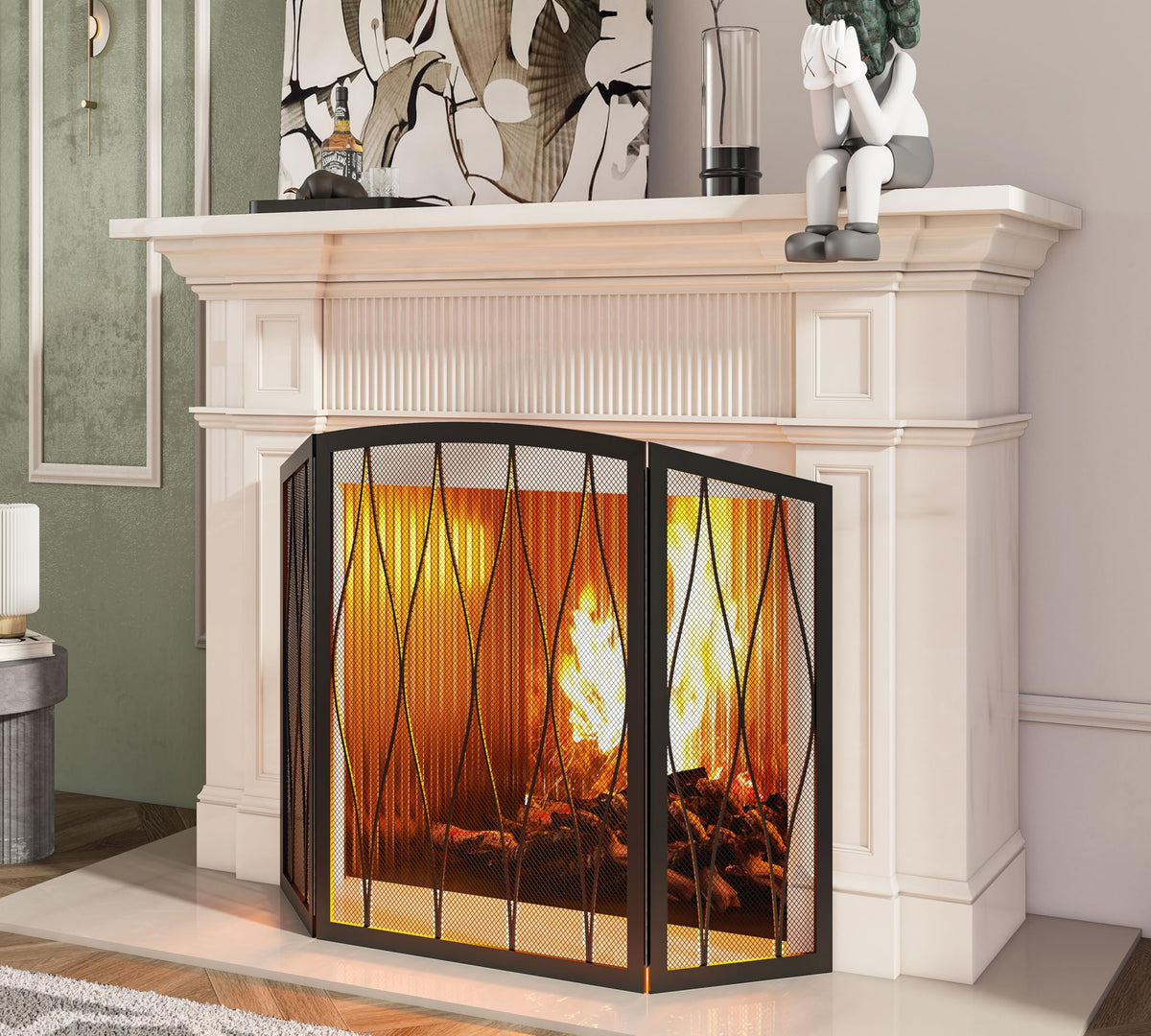 Childproof 3-Panel Wrought Iron Fireplace Screen H615