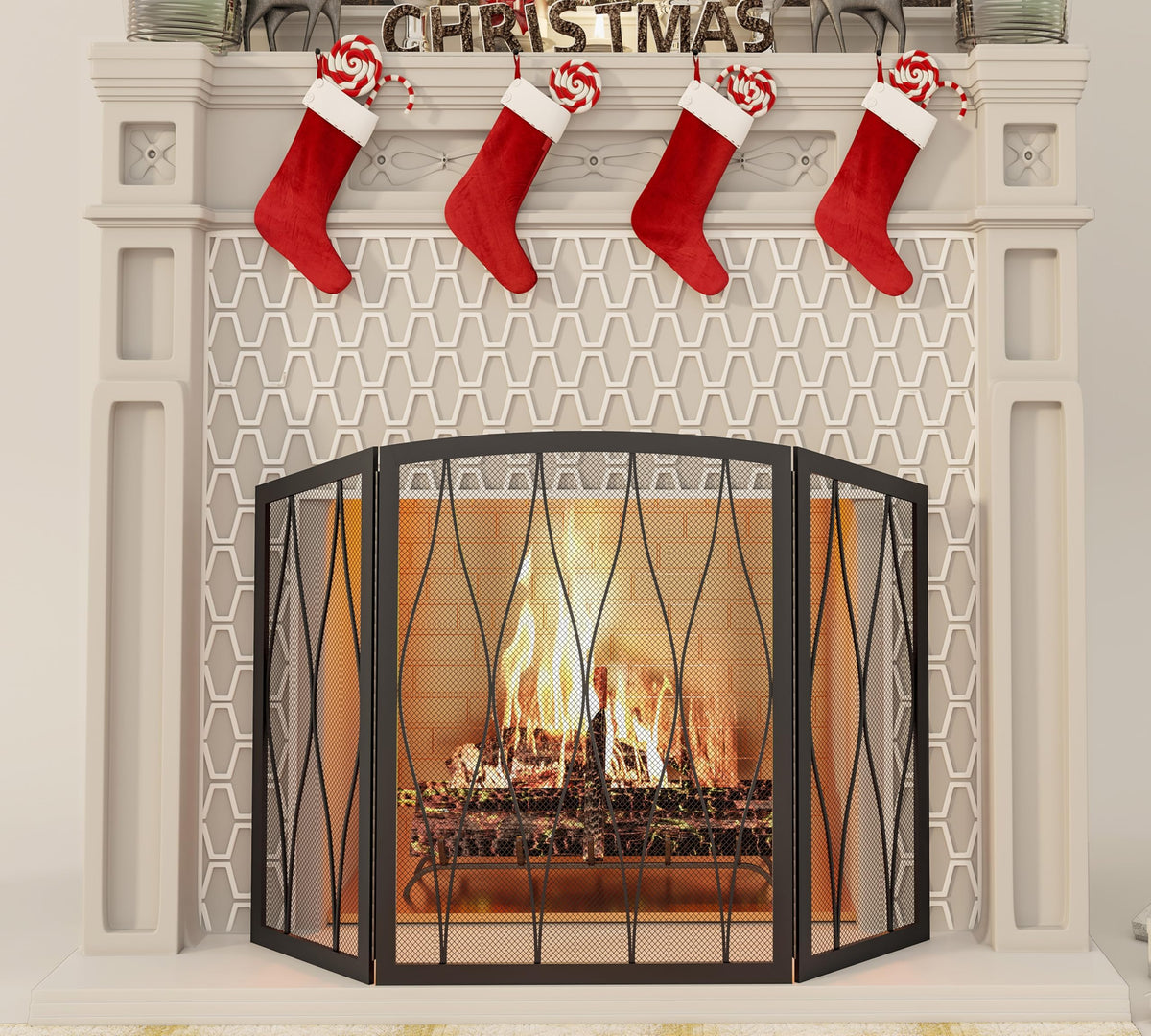 Childproof 3-Panel Wrought Iron Fireplace Screen H615